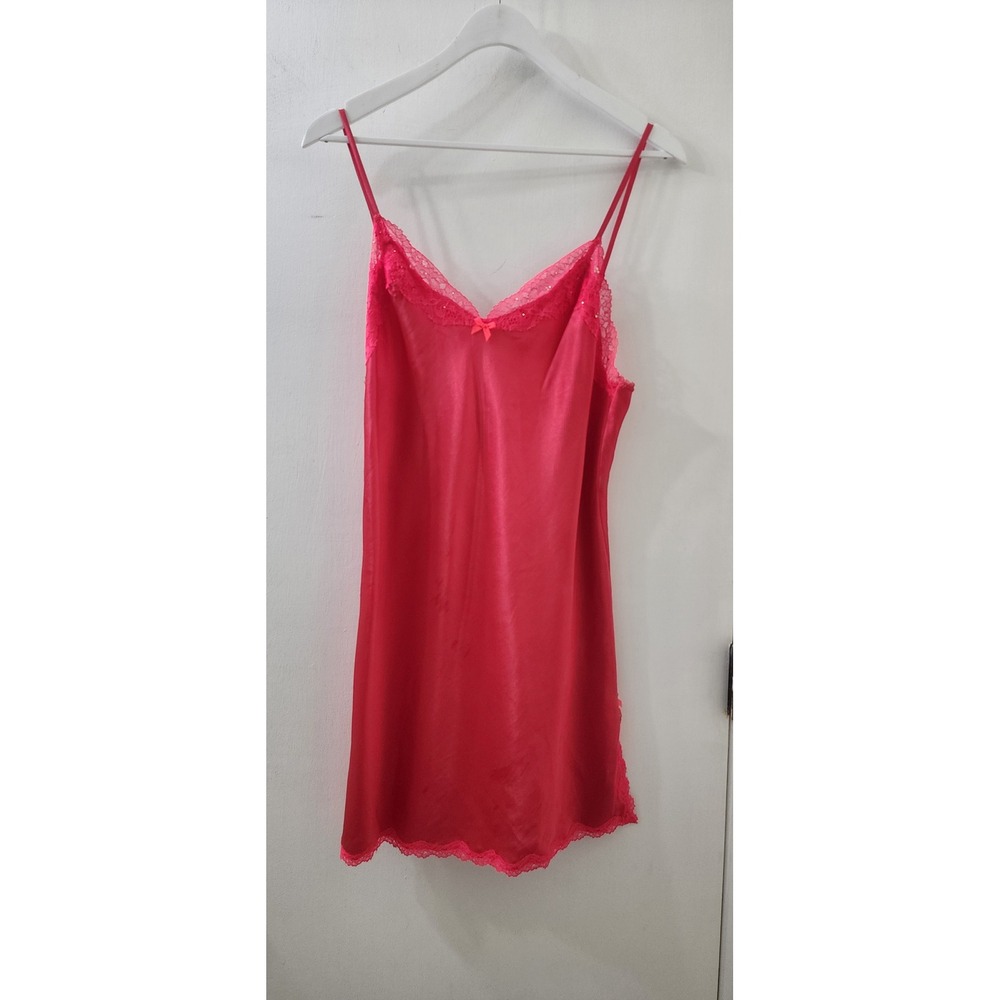 Victoria's Secret Pink Lace Trim Satin‎ Slip Dress Nightgown Chemise Medium NWT